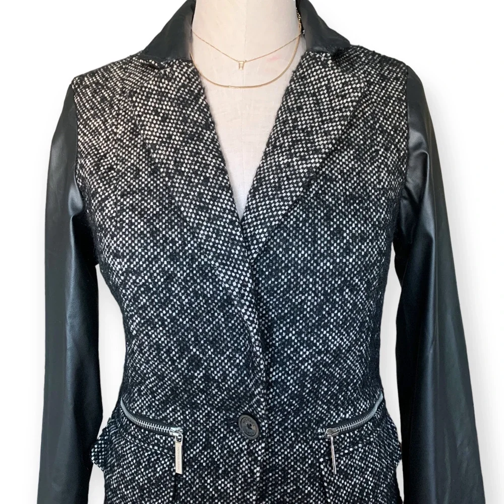 MICHAEL KORS Leather Wool Blend Tweed Sport Coat Jacket Blazer Black Fall Size 4